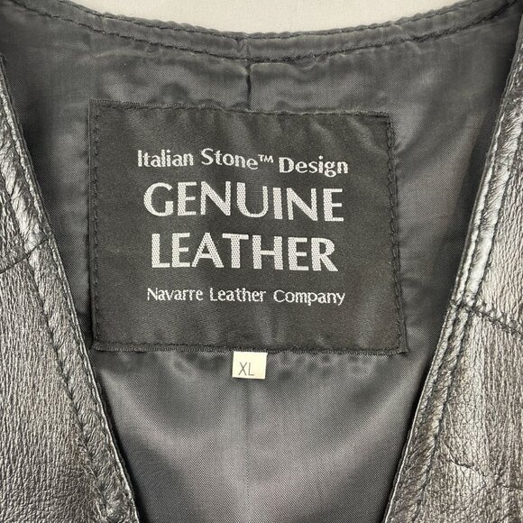 Navarre Leather Italian Stone Design Black Leather Patchwork Vest Biker Sz XL - Picture 3 of 7